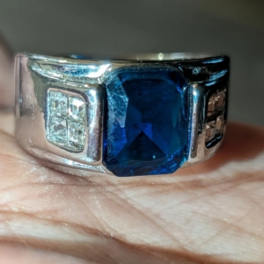 Men's Silver and Blue Gemstone Ring Sz 10